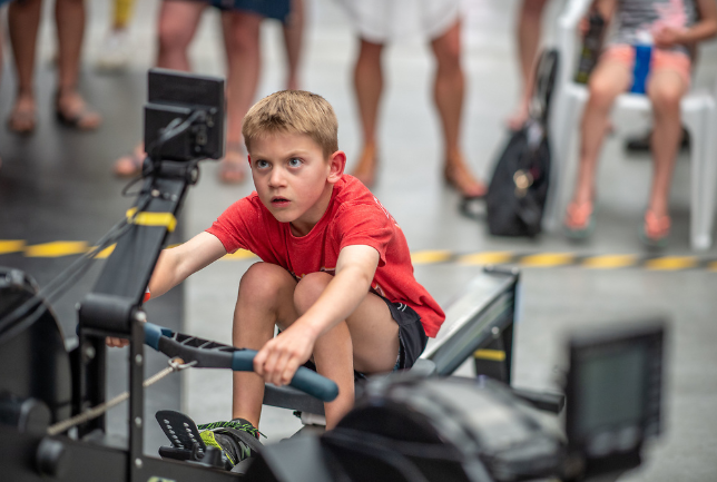 Zac Schultz racing on a Concept2 rowing machine at the New Zealand Indoor Rowing Championships